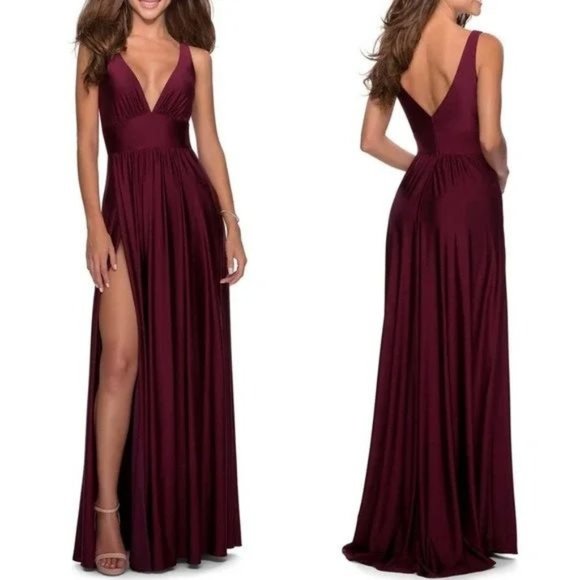 La Femme Dresses & Skirts - La Femme 28547 Plunge Neck A-Line Gown Sleeveless Slit Maxi Dress Dark Red 12